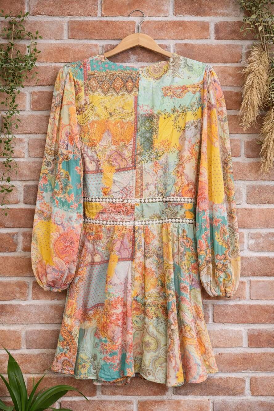 Boho V-Neck Long Sleeve Patchwork Paisley Mini Dress, Size L - Picture 3 of 6